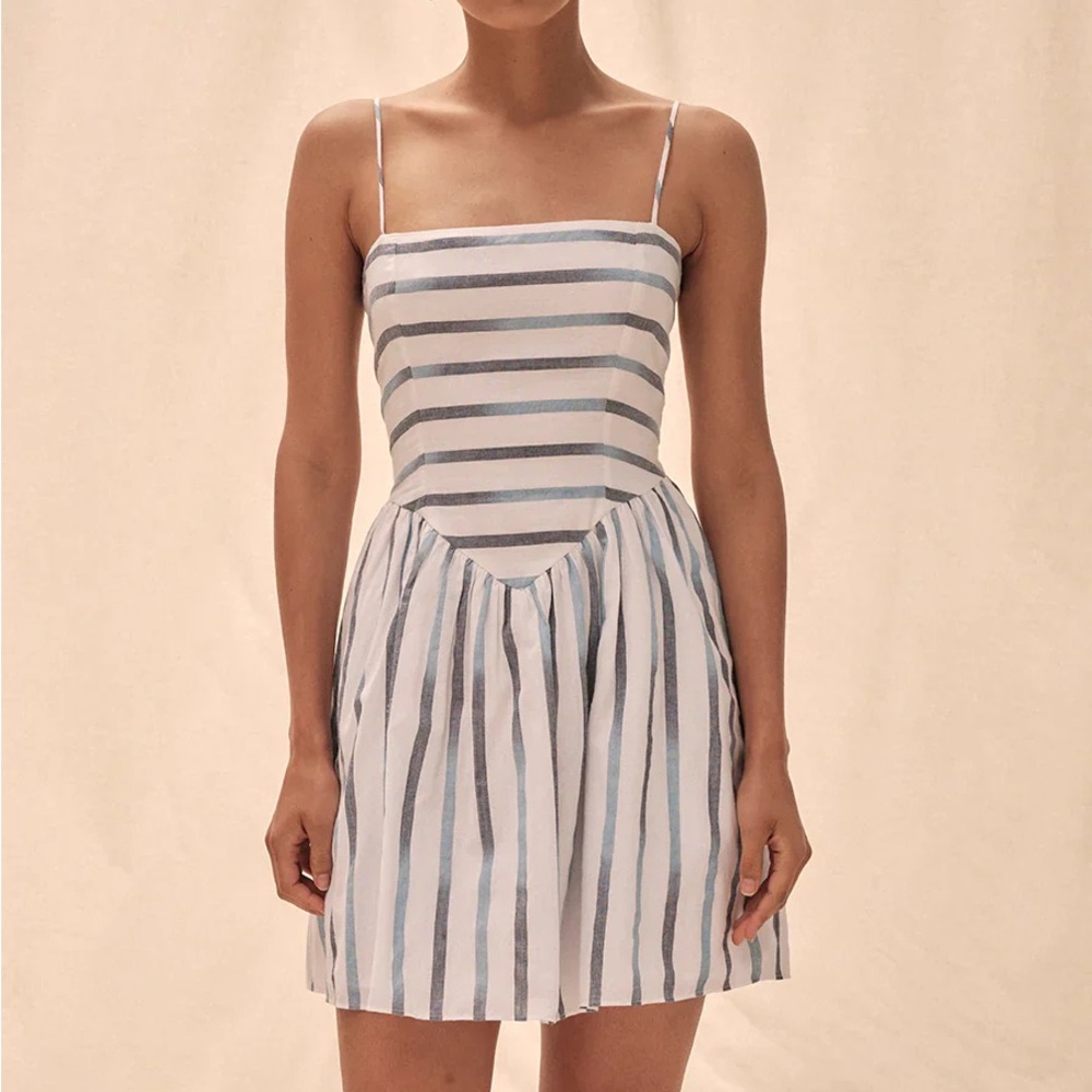 SAYLOR Striped Spaghetti‑Strap Mini Fara Dress - White & Light Blue